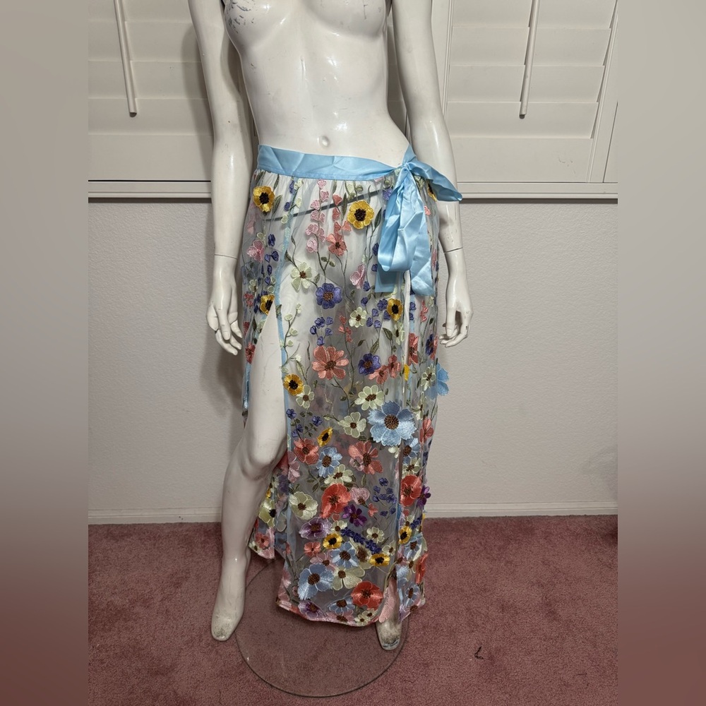 New medium floral flower embroidered long wrap skirt boho festival sheer